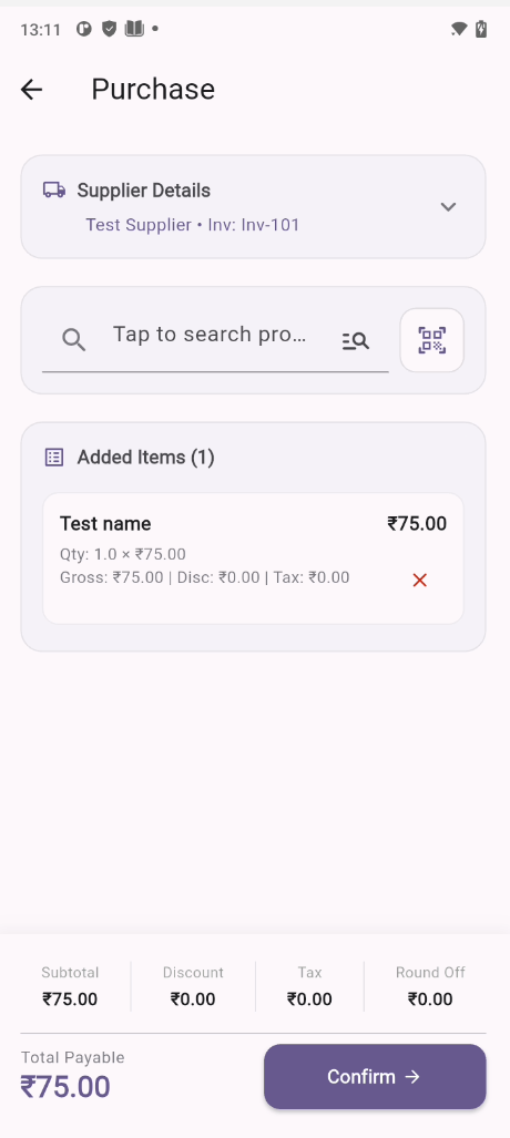 Raynex Stock Intake Purchase Dashboard Interface